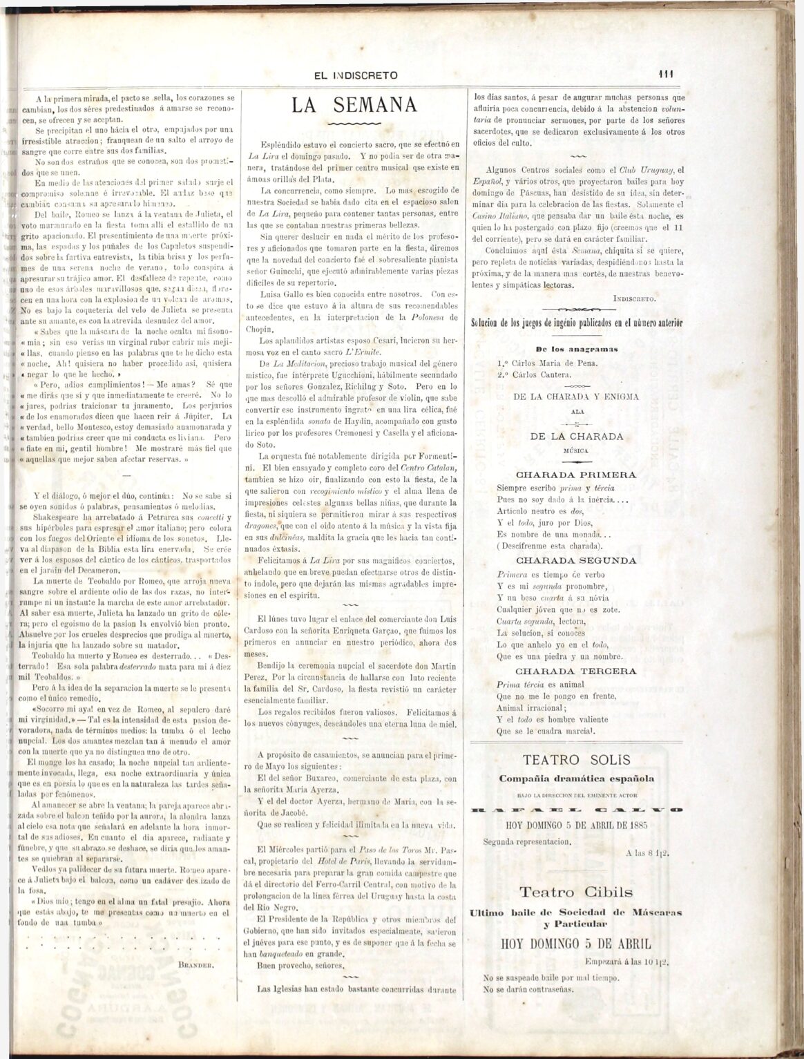 (1885) El Indiscreto Nota en «El Indiscreto», 5/4/1885
