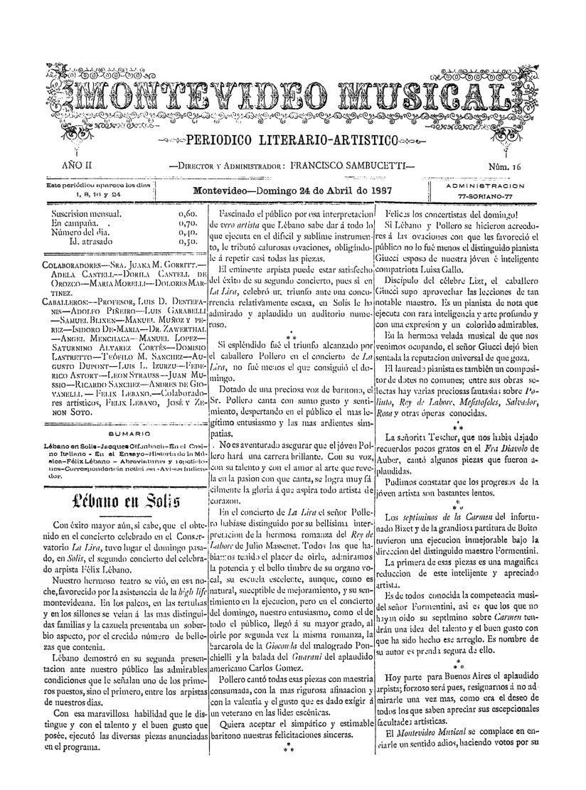 (1887) Montevideo Musical, año 2, nº 16 Nota en «Montevideo Musical», 24/4/1887