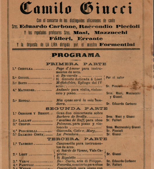 Afiche de concierto de Camilo Giucci (padre) en Teatro San Felipe, 1893