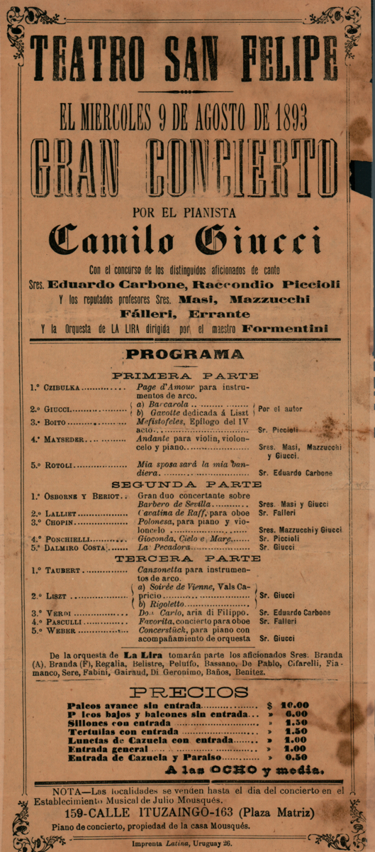 (1893) Afiche concierto Camilo en San Felipe Afiche de concierto de Camilo Giucci (padre) en Teatro San Felipe, 1893
