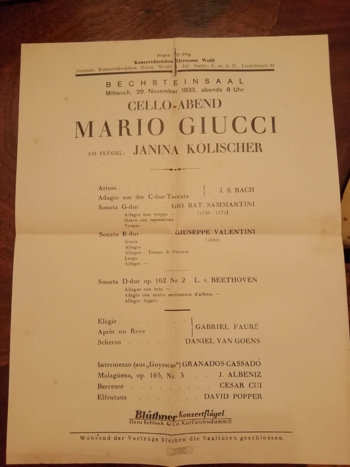 Afiche de concierto de Mario Giucci y Janina Kolischer en Berlín, 29/11/1933