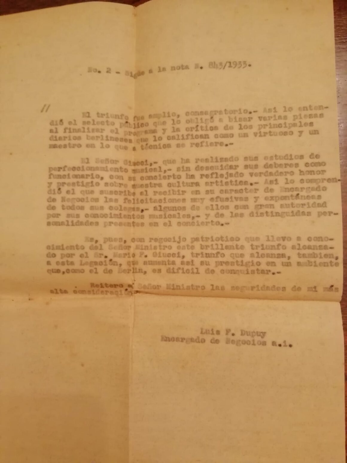 (1933) MLG Carta Dupuy 8-12-33 2 Carta de Luis Dupuy a Alberto Mañé, 8/12/1933, sobre conciertos de Mario Giucci en Berlín
