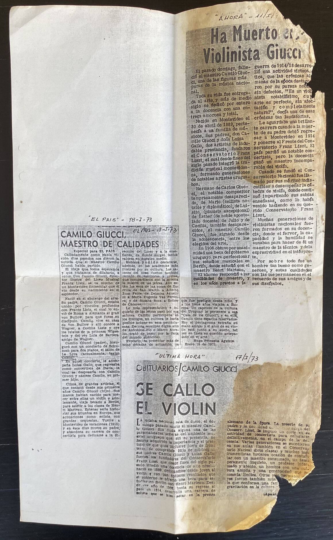 Fotocopia de recortes de prensa tras fallecimiento de Camilo Giucci