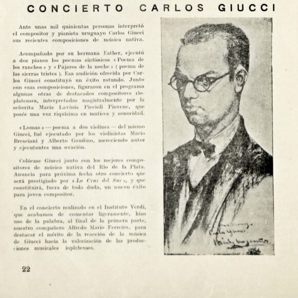 Nota con retrato de Carlos Giucci, en «La Cruz del Sur», 1927.