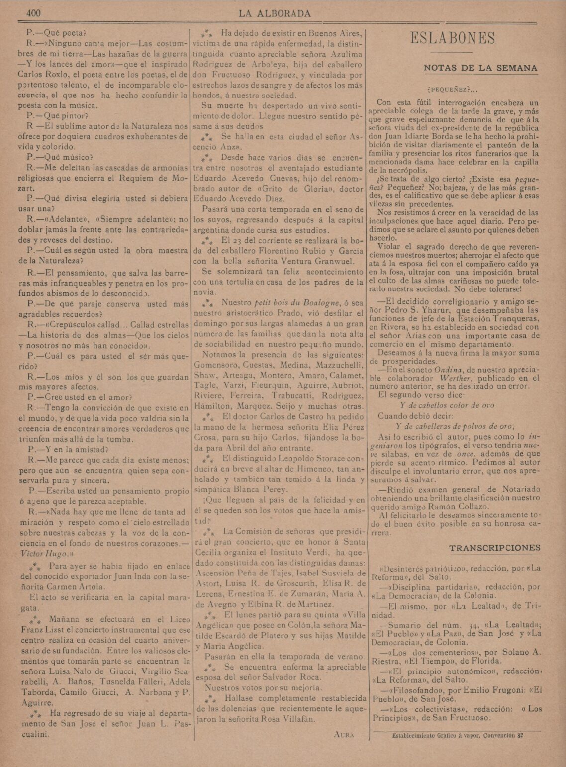 (1898) La Alborada 20-11-98-12 (1) Nota en «La Alborada», 20/11/1898