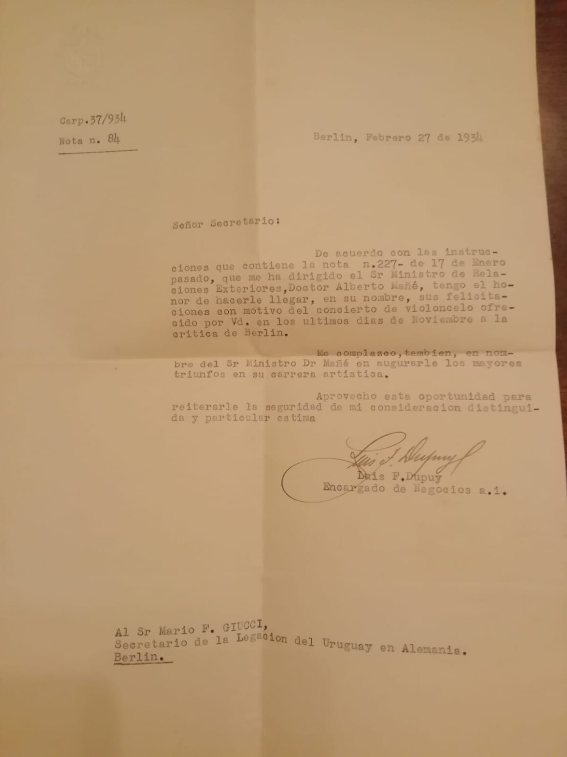 Letter from Luis Dupuy to Mario Giucci
