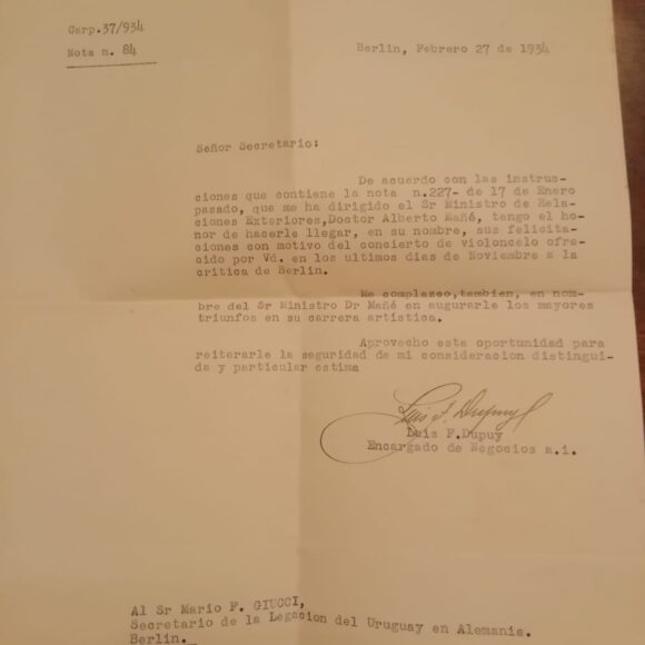 Carta de Luis Dupuy a Mario Giucci, 27/2/1934