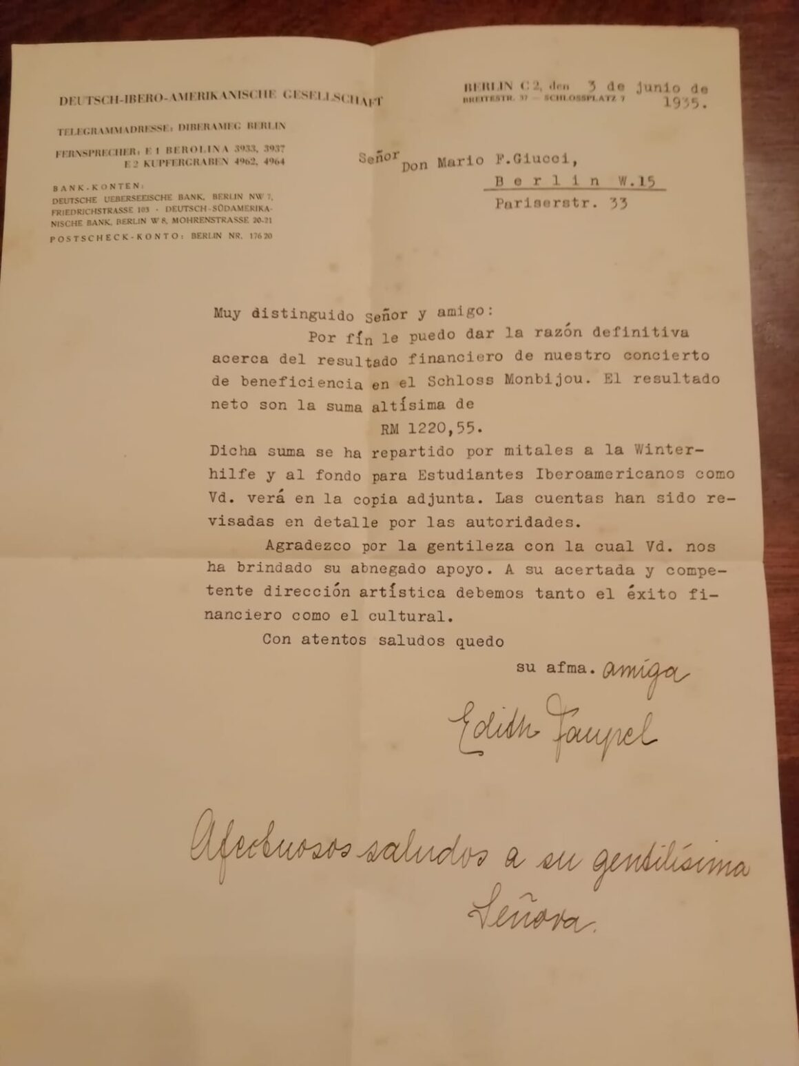 (1935) MLG Carta a MG 3-6-35 Carta de Edith Faupel a Mario Giucci, 3/6/1935