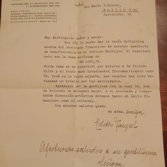 Carta de Edith Faupel a Mario Giucci, 3/6/1935