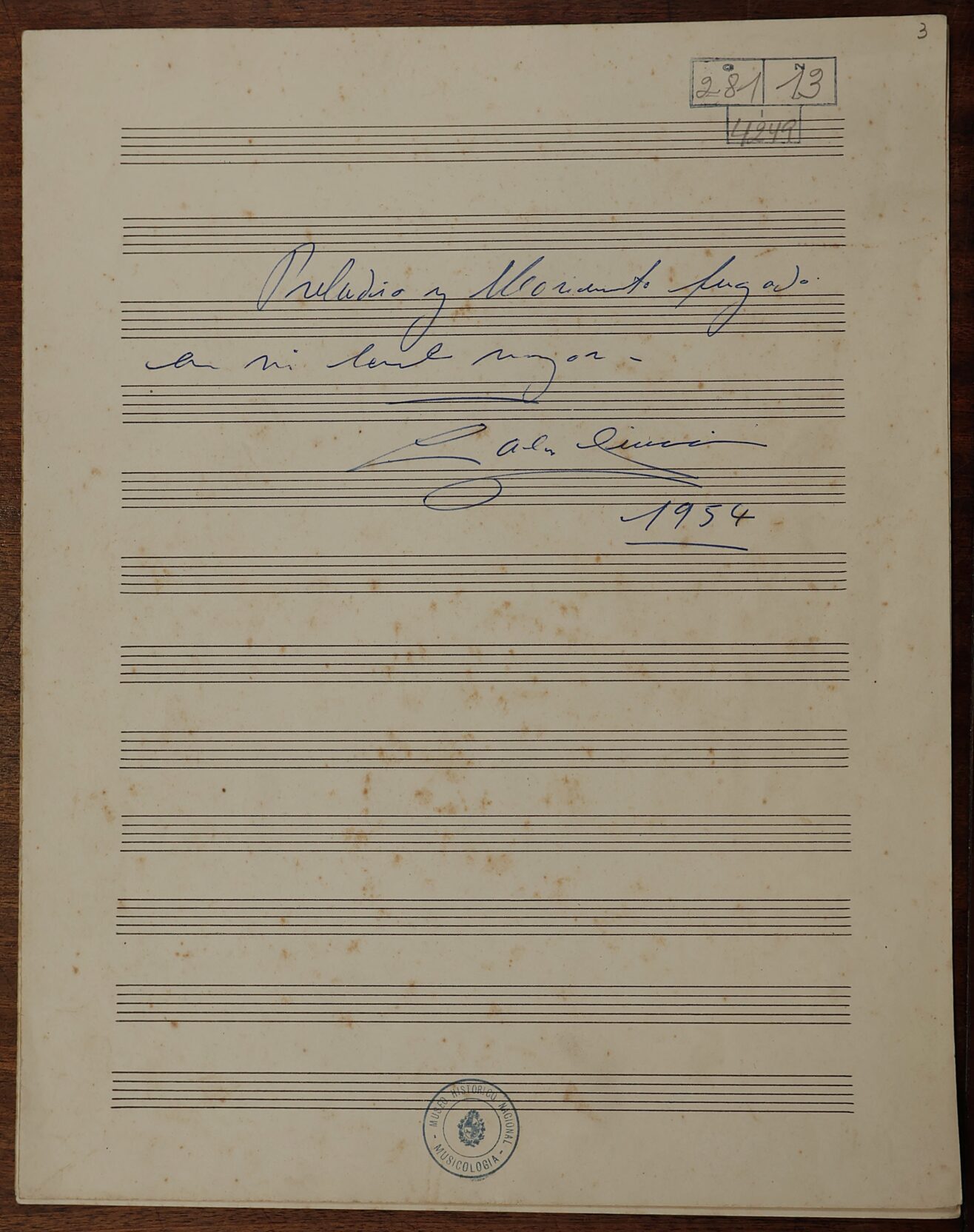 Partitura manuscrita de «Preludio y movimiento fugado en mi bemol mayor» de Carlos Giucci