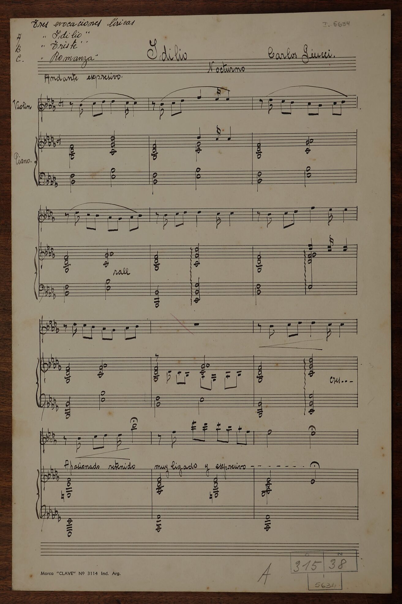 Partitura manuscrita de «Tres evocaciones líricas: Idilio, Triste y Romanza» de Carlos Giucci
