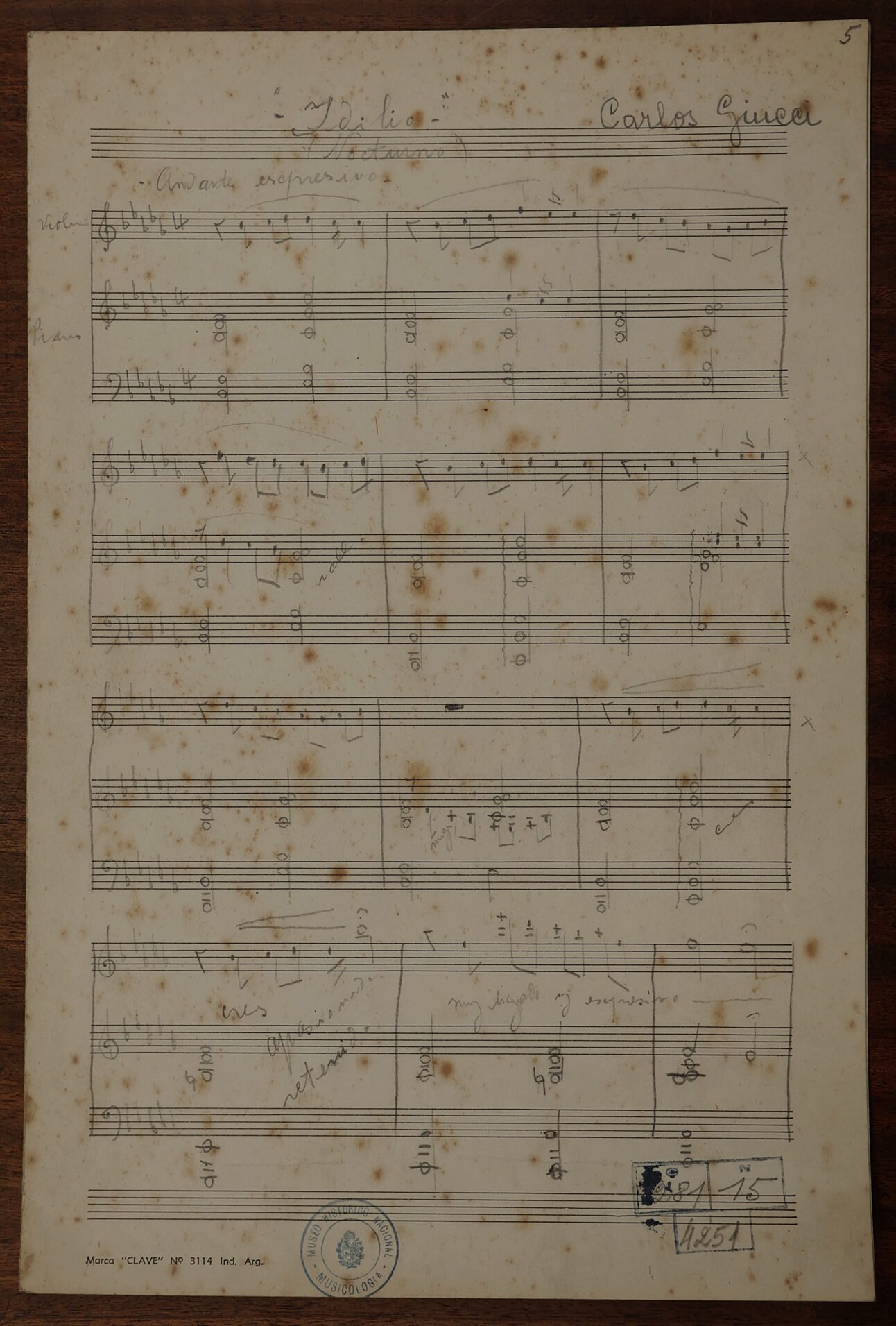 Handwritten score of “Idilio” by Carlos Giucci