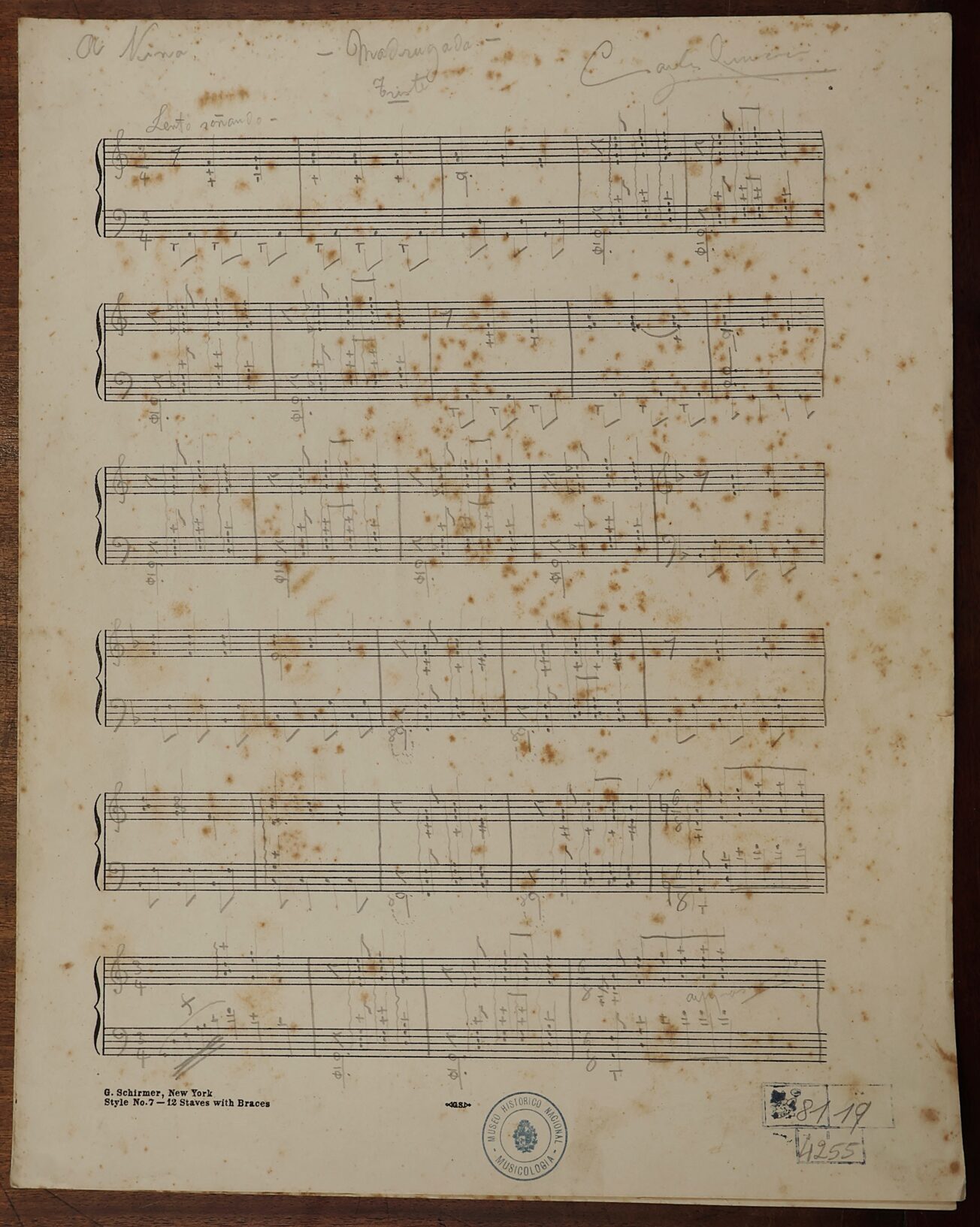 Partitura manuscrita de «Madrugada» para piano de Carlos Giucci